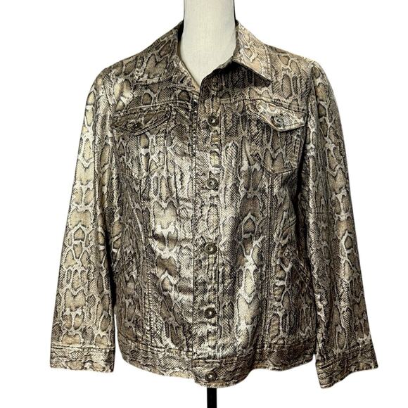 Chico's Womens Large Metallic Gold Bronze Snake Print Trucker Jacket Chico’s 2 - Picture 12 of 13